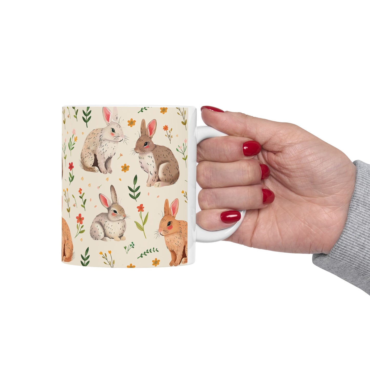 Rustic Rabbit Ceramic Mug - Floral Bunny Design