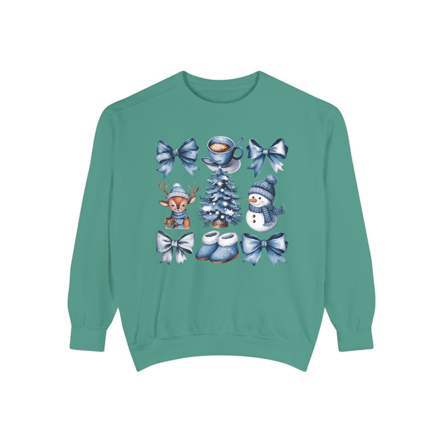 Winter Blue Bow Christmas Comfort Colors Sweatshirt, Christmas Sweater, Womenswear