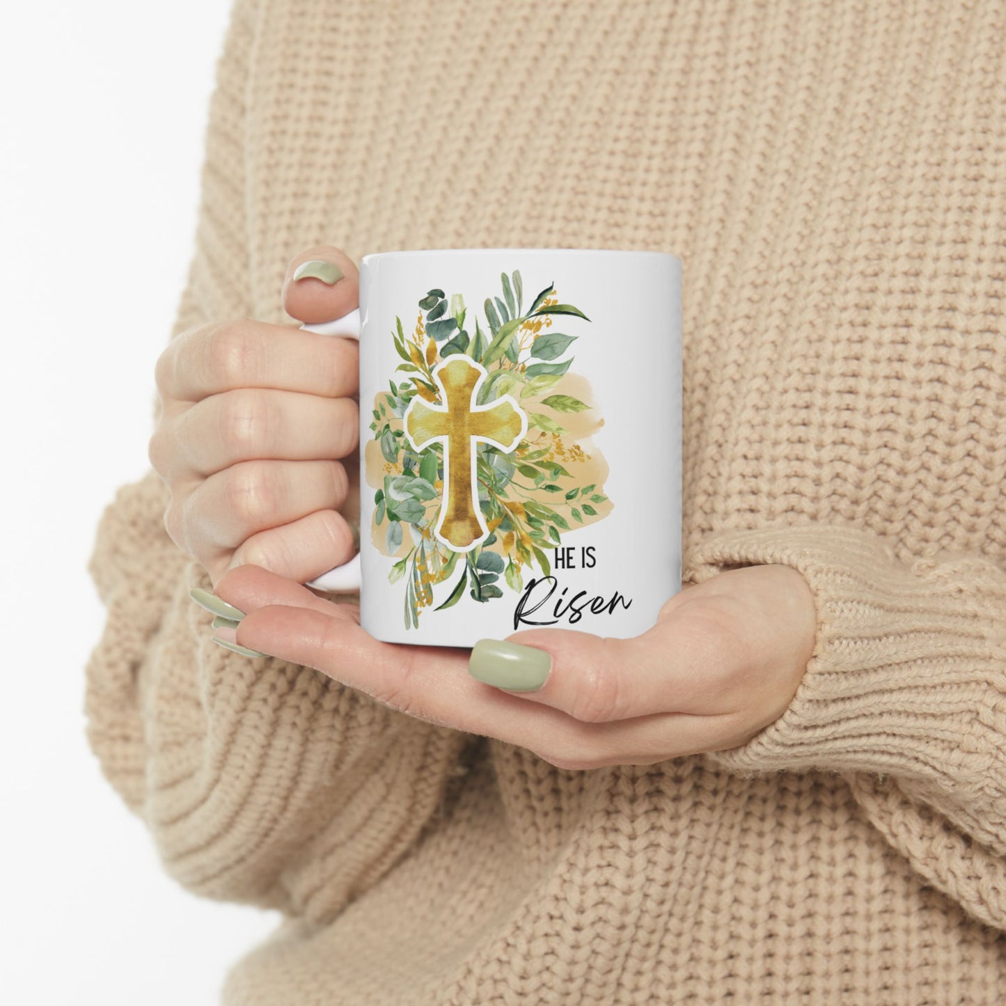 He Is Risen Floral Ceramic Mug - Inspirational Coffee Cup for Easter Celebrations