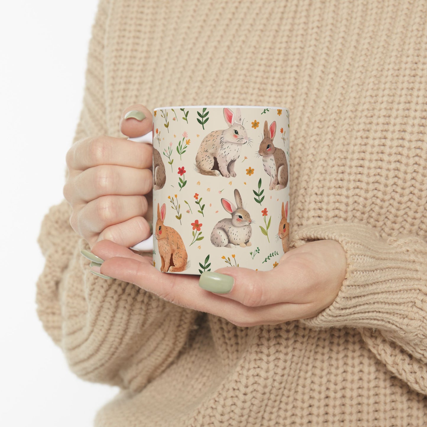 Rustic Rabbit Ceramic Mug - Floral Bunny Design