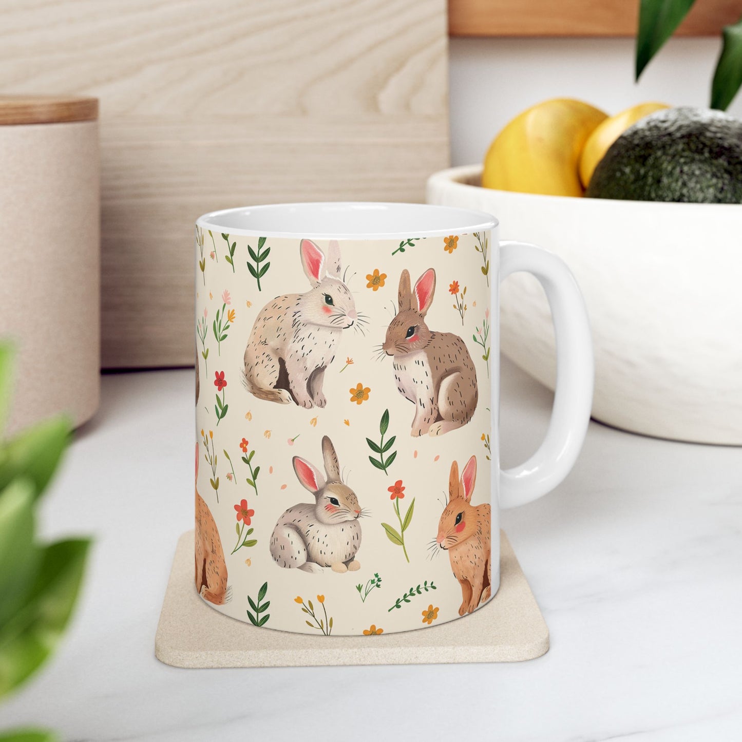 Rustic Rabbit Ceramic Mug - Floral Bunny Design