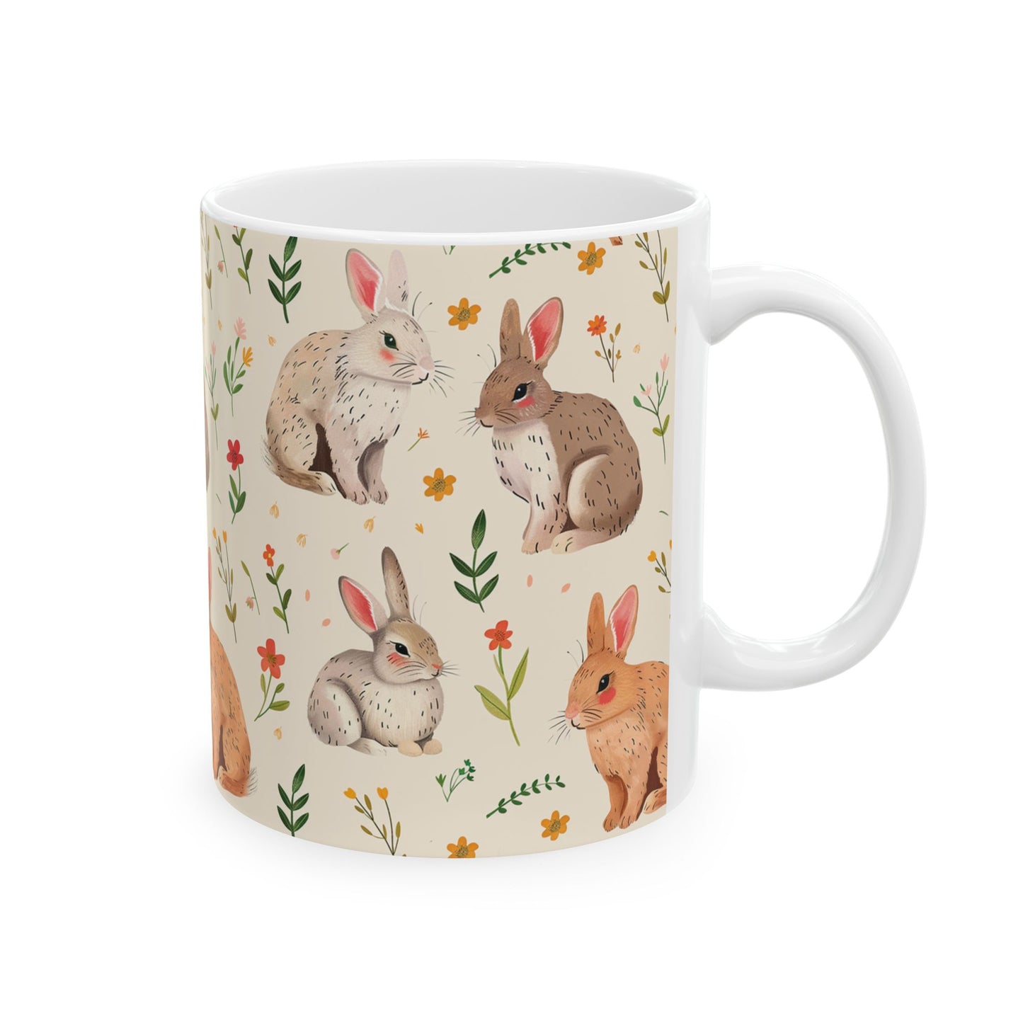 Rustic Rabbit Ceramic Mug - Floral Bunny Design