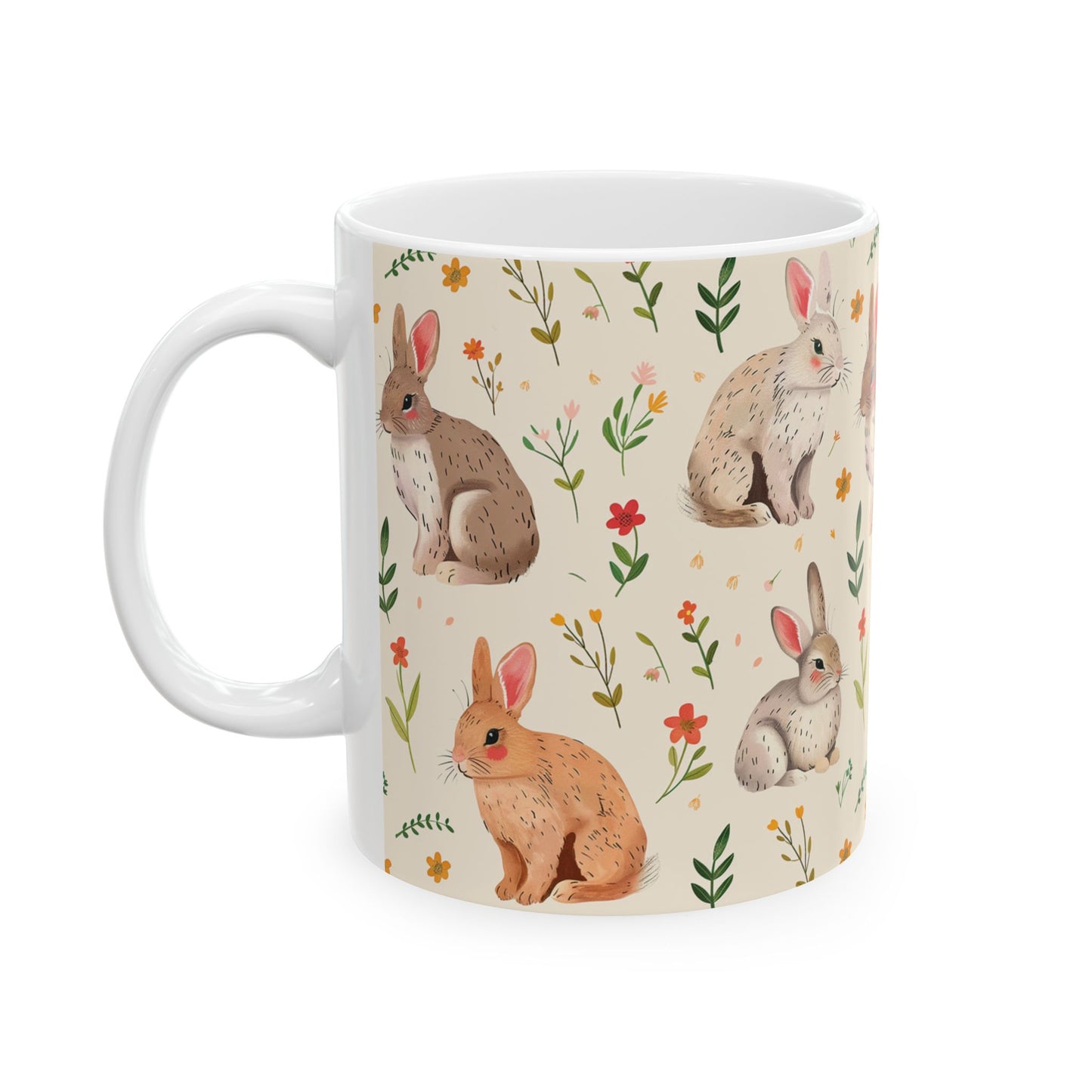 Rustic Rabbit Ceramic Mug - Floral Bunny Design