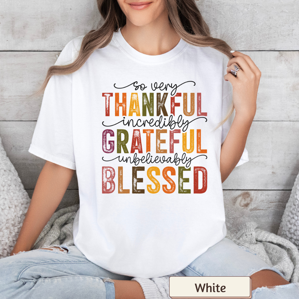 Women's 'Grateful Thankful Blessed' Fall Graphic T-Shirt – Thanksgiving Outfit, Soft Cotton