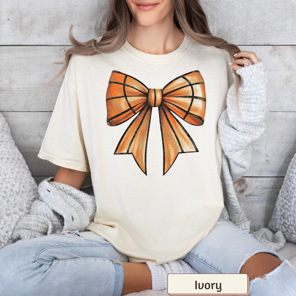 Women's Big Bow Basketball Pattern Graphic T-Shirt – Sports Theme, Casual Fit