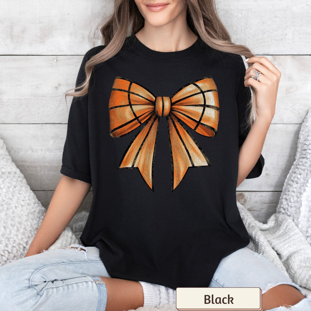 Women's Big Bow Basketball Pattern Graphic T-Shirt – Sports Theme, Casual Fit