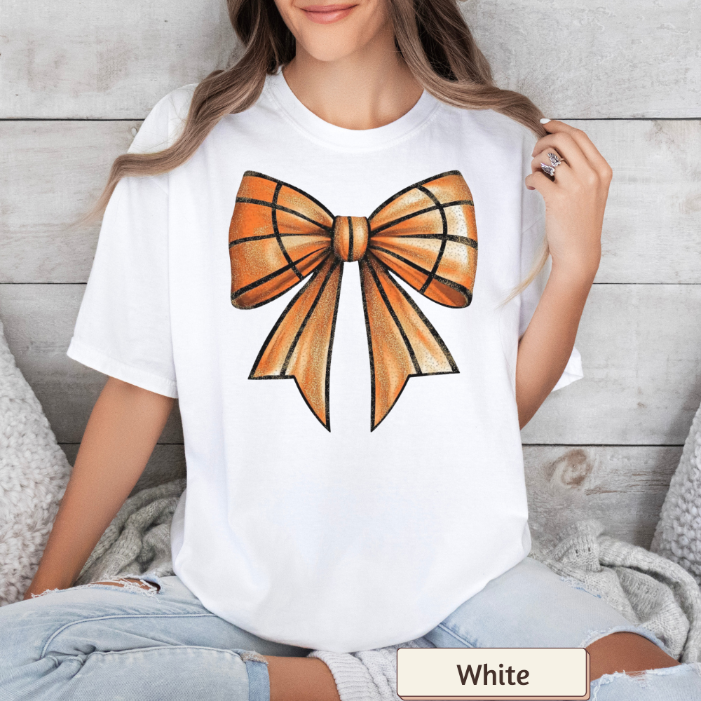Women's Big Bow Basketball Pattern Graphic T-Shirt – Sports Theme, Casual Fit