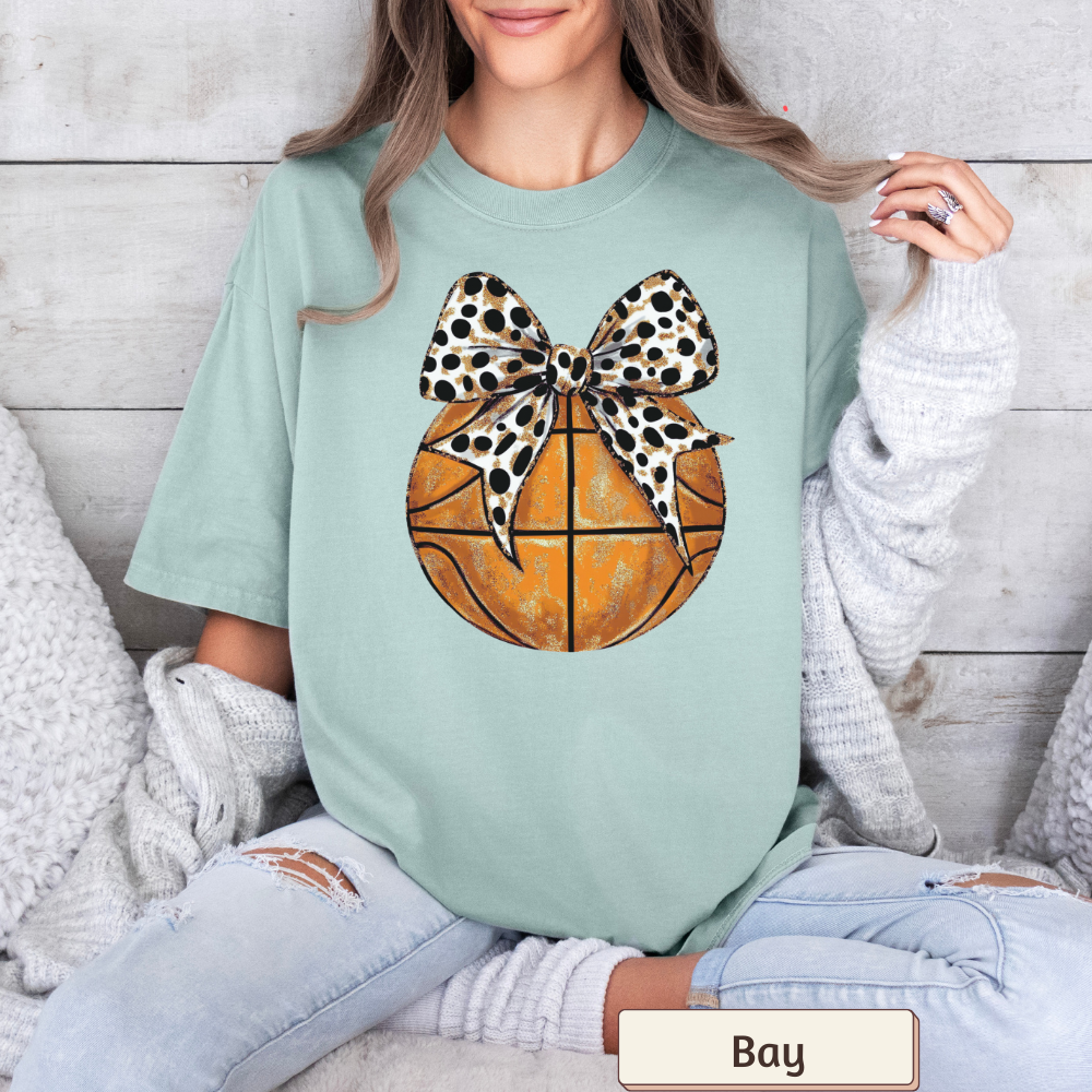Women's Basketball with Bow Graphic T-Shirt – Sports Theme, Casual Fit