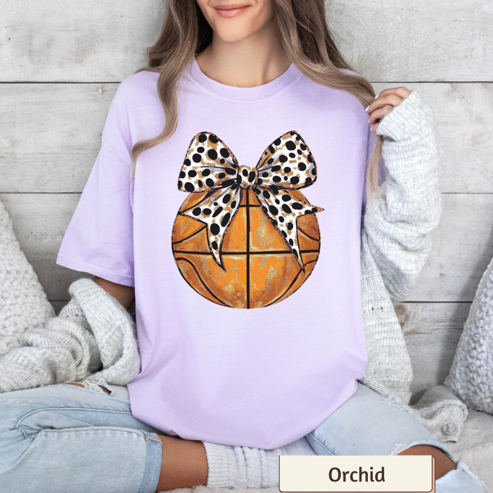 Women's Basketball with Bow Graphic T-Shirt – Sports Theme, Casual Fit