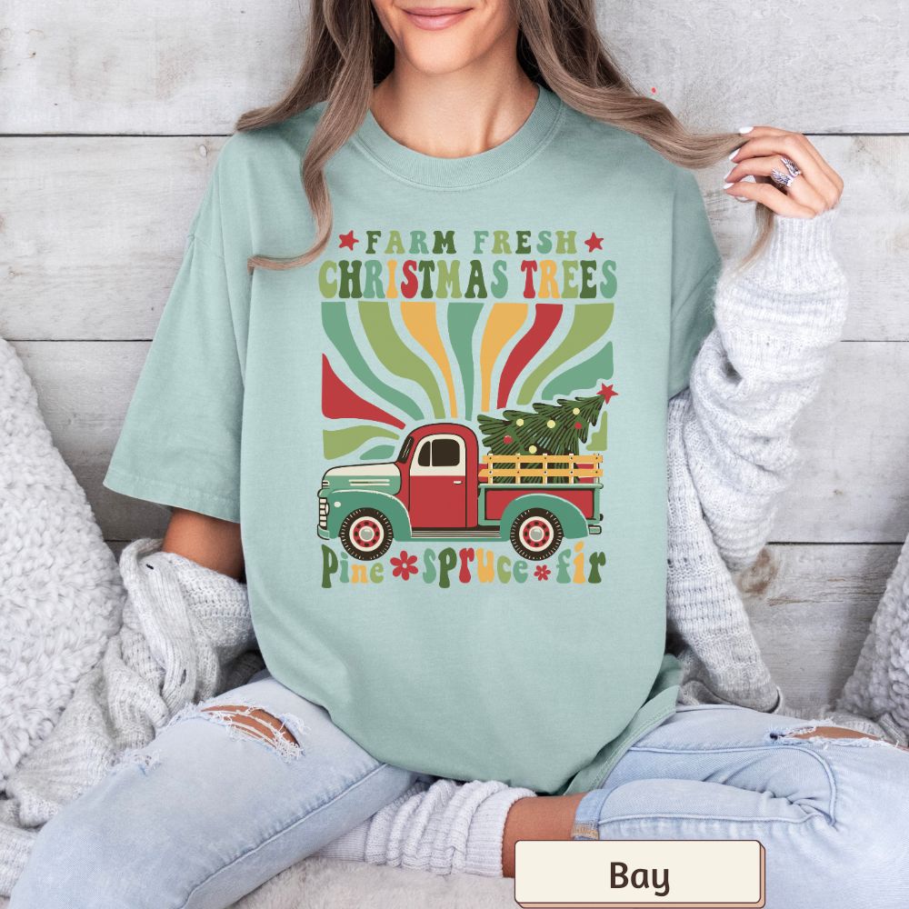 Women's Christmas T-Shirt - "Farm Fresh Christmas Trees" - Rustic Holiday Style
