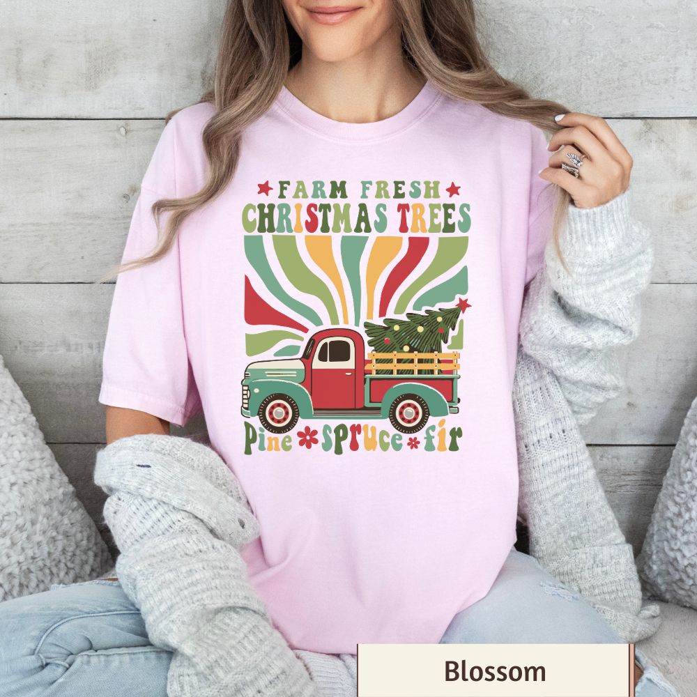 Women's Christmas T-Shirt - "Farm Fresh Christmas Trees" - Rustic Holiday Style