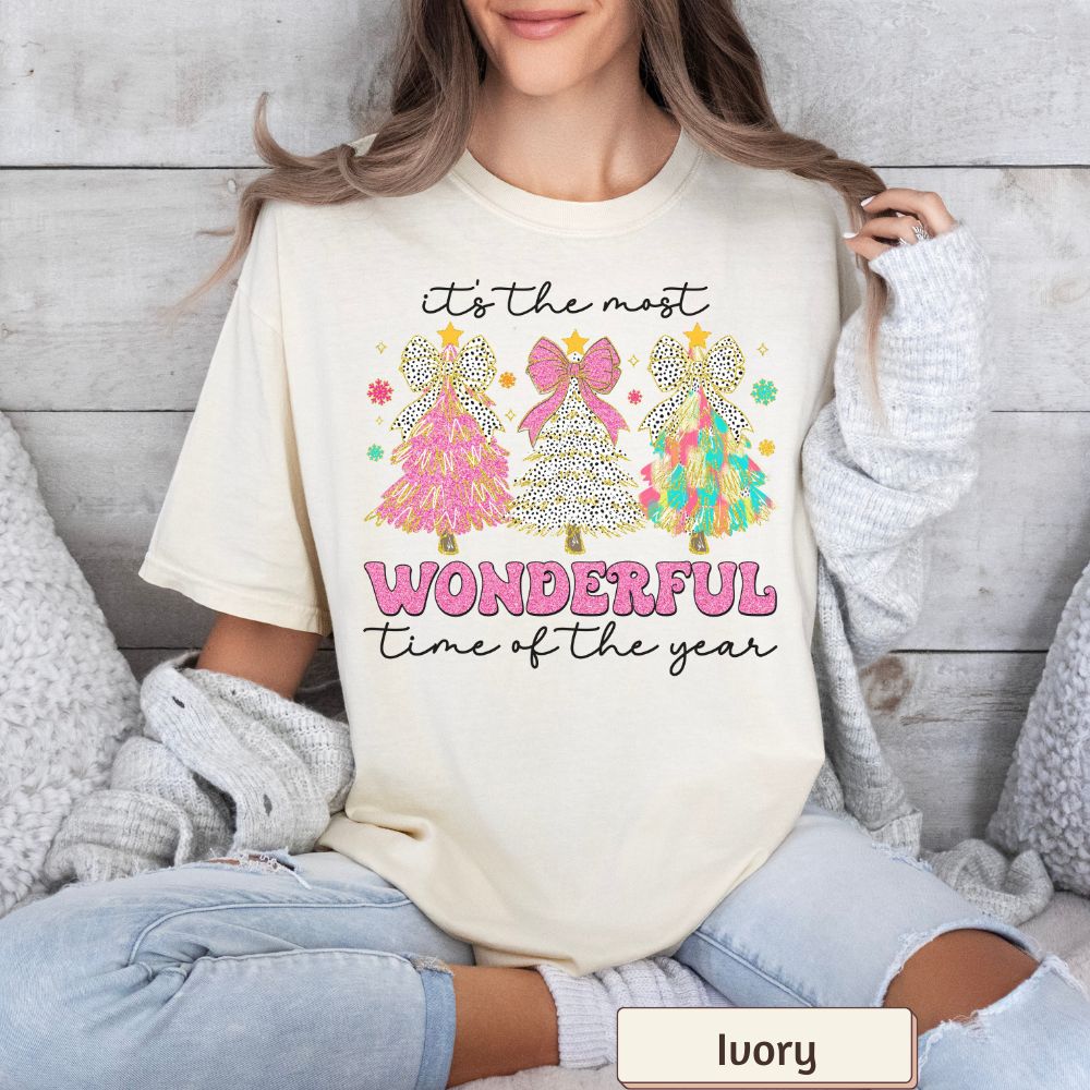 Most Wonderful Time of the Year Shirt Comfort Colors, Brushstroke Christmas Trees Tee, Women's Holiday Graphic
