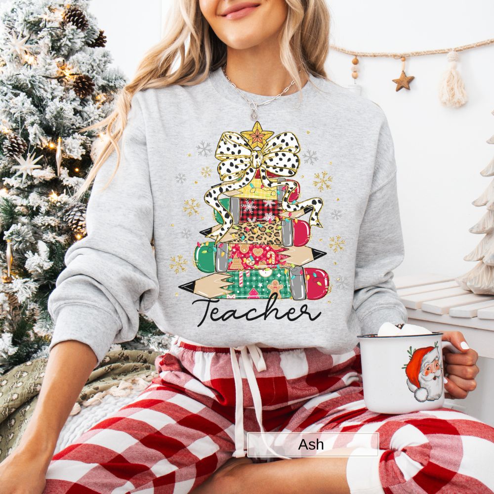 Teacher Pencil Tree Christmas Sweatshirt Holiday Gift for Teachers