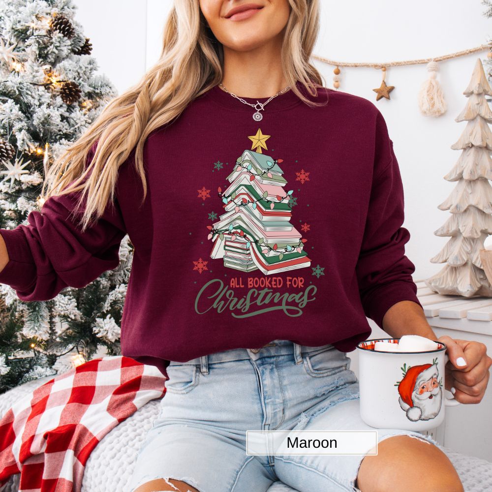 All Booked for Christmas Women's Sweatshirt | Cozy Book Tree Holiday Design