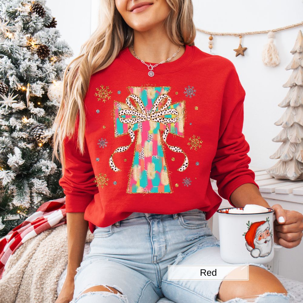 Christian Cross with Bow Christmas Women's Sweatshirt