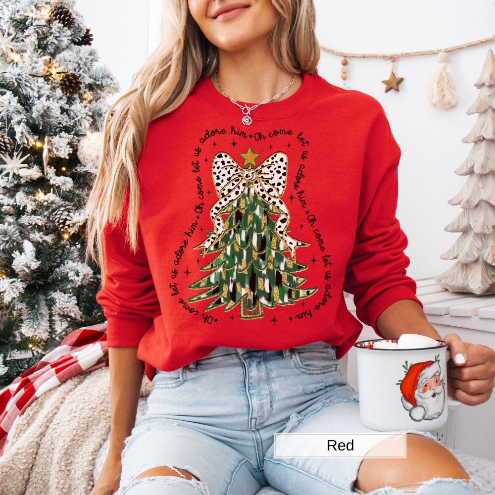 Come Let Us Adore Him Christmas Tree Design Women s Christmas Sweatshi Rosy Meadow Designs