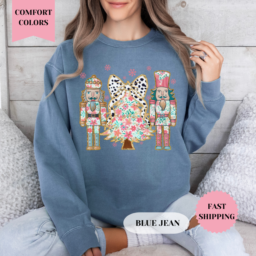 Nutcracker Floral Christmas Tree Comfort Colors Sweatshirt, Christmas Sweater, Womenswear