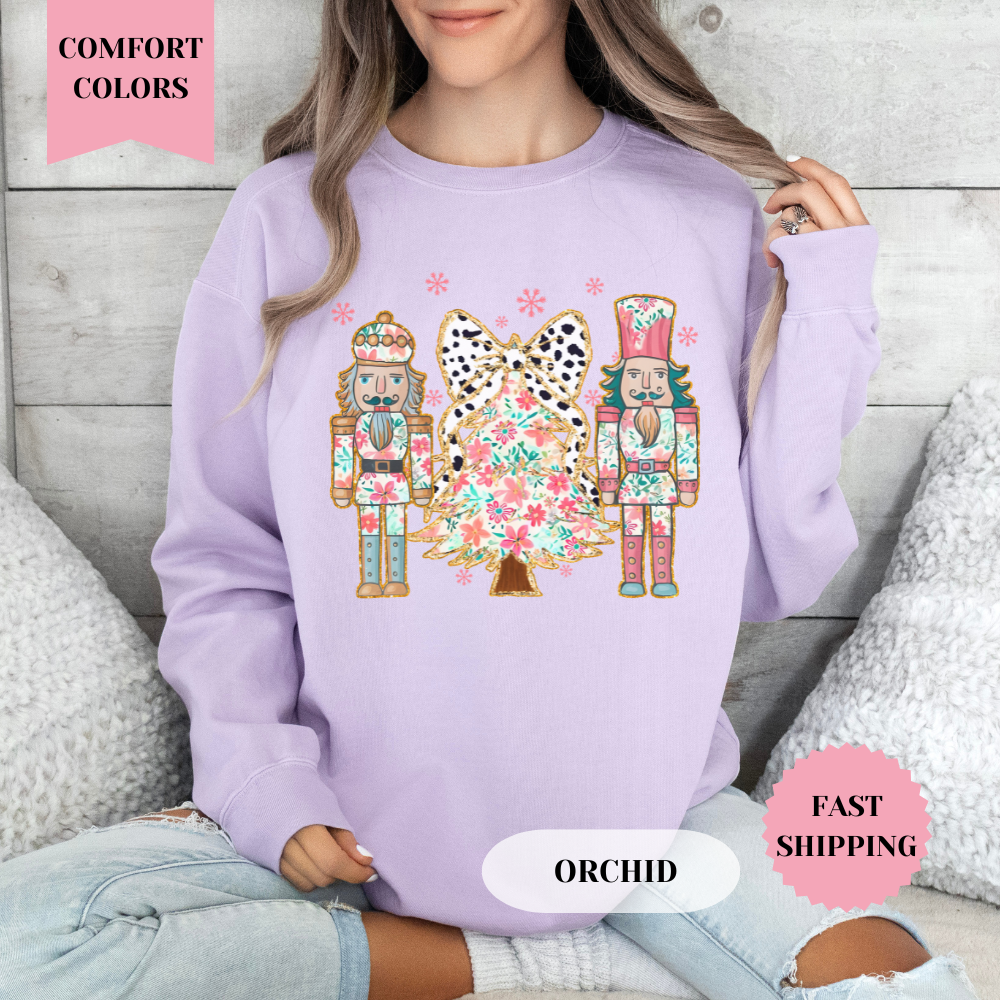 Nutcracker Floral Christmas Tree Comfort Colors Sweatshirt, Christmas Sweater, Womenswear