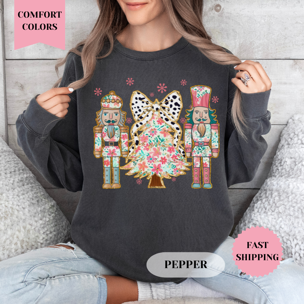 Nutcracker Floral Christmas Tree Comfort Colors Sweatshirt, Christmas Sweater, Womenswear