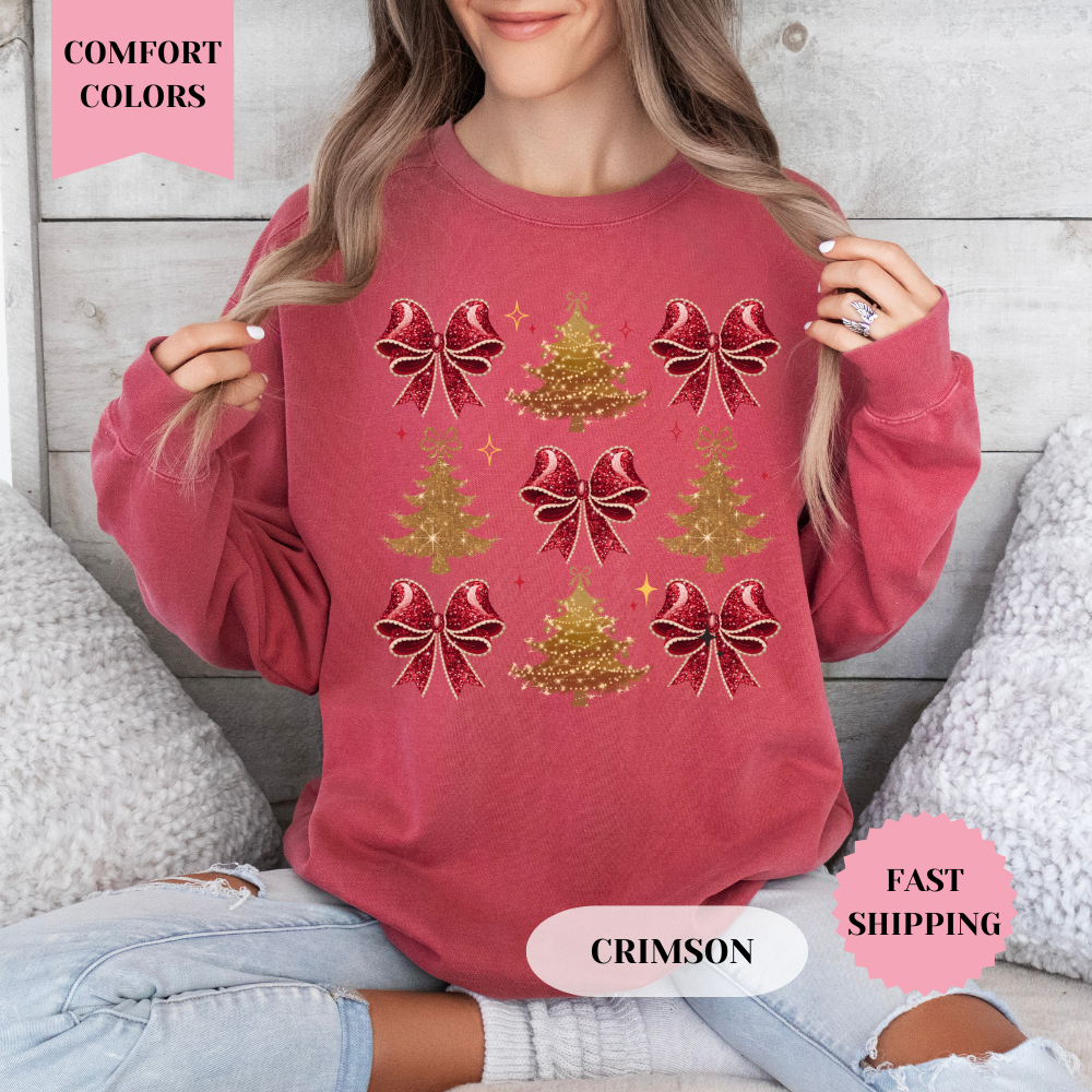 Red Bows and Gold Trees Comfort Colors Sweatshirt, Christmas Sweater, Womenswear