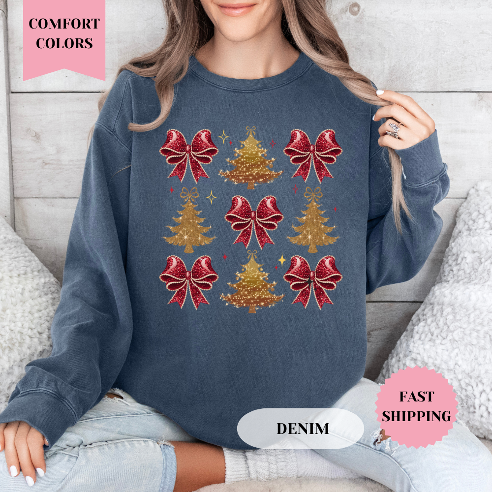 Red Bows and Gold Trees Comfort Colors Sweatshirt, Christmas Sweater, Womenswear