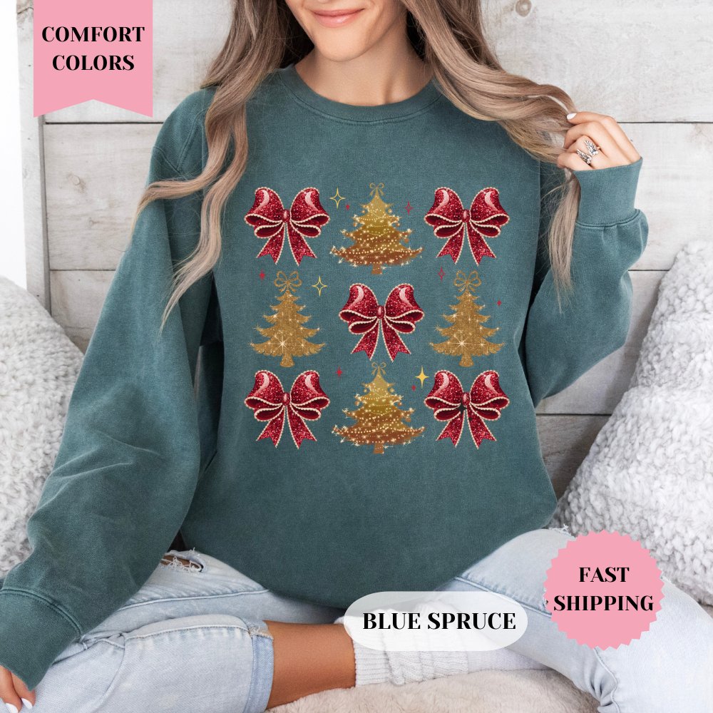Red Bows and Gold Trees Comfort Colors Sweatshirt, Christmas Sweater, Womenswear