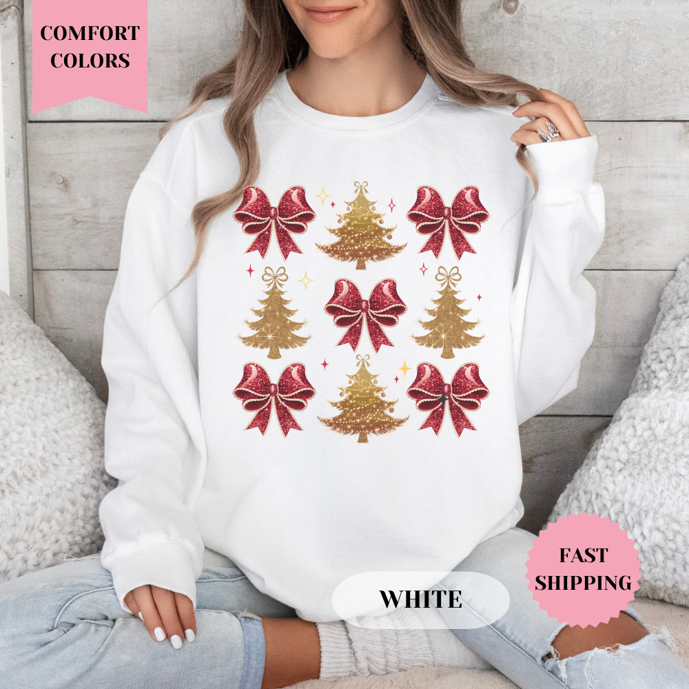 Red Bows and Gold Trees Comfort Colors Sweatshirt, Christmas Sweater, Womenswear
