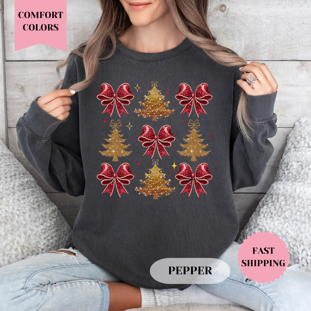 Red Bows and Gold Trees Comfort Colors Sweatshirt, Christmas Sweater, Womenswear