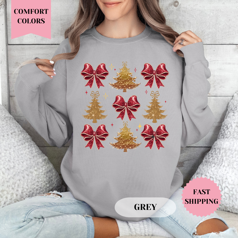 Red Bows and Gold Trees Comfort Colors Sweatshirt, Christmas Sweater, Womenswear