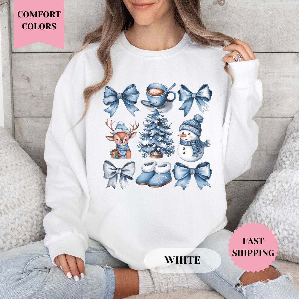 Winter Blue Bow Christmas Comfort Colors Sweatshirt, Christmas Sweater, Womenswear