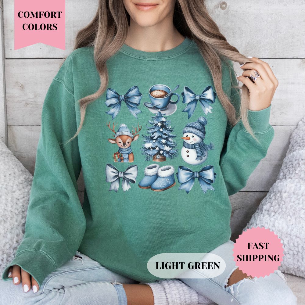 Winter Blue Bow Christmas Comfort Colors Sweatshirt, Christmas Sweater, Womenswear