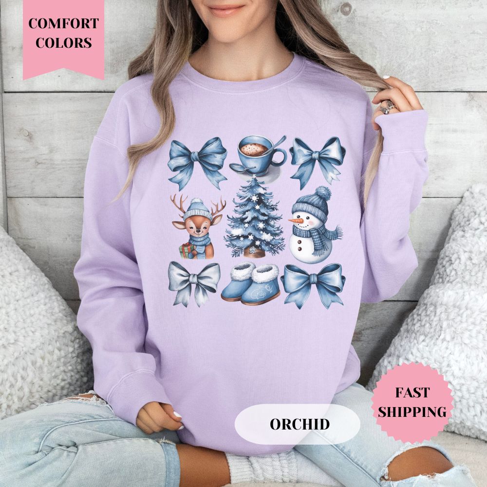 Winter Blue Bow Christmas Comfort Colors Sweatshirt, Christmas Sweater, Womenswear