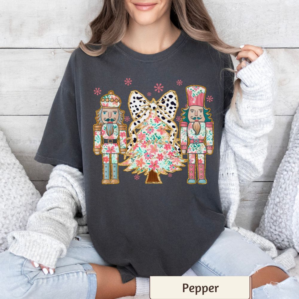 Nutcracker and Christmas Tree Women's Comfort Colors T-Shirt Festive Holiday Graphic Tee