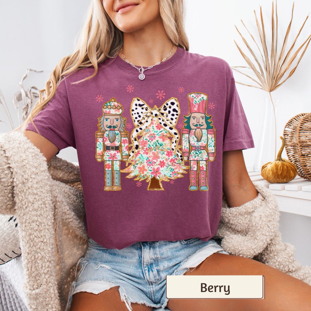 Nutcracker and Christmas Tree Women's Comfort Colors T-Shirt Festive Holiday Graphic Tee