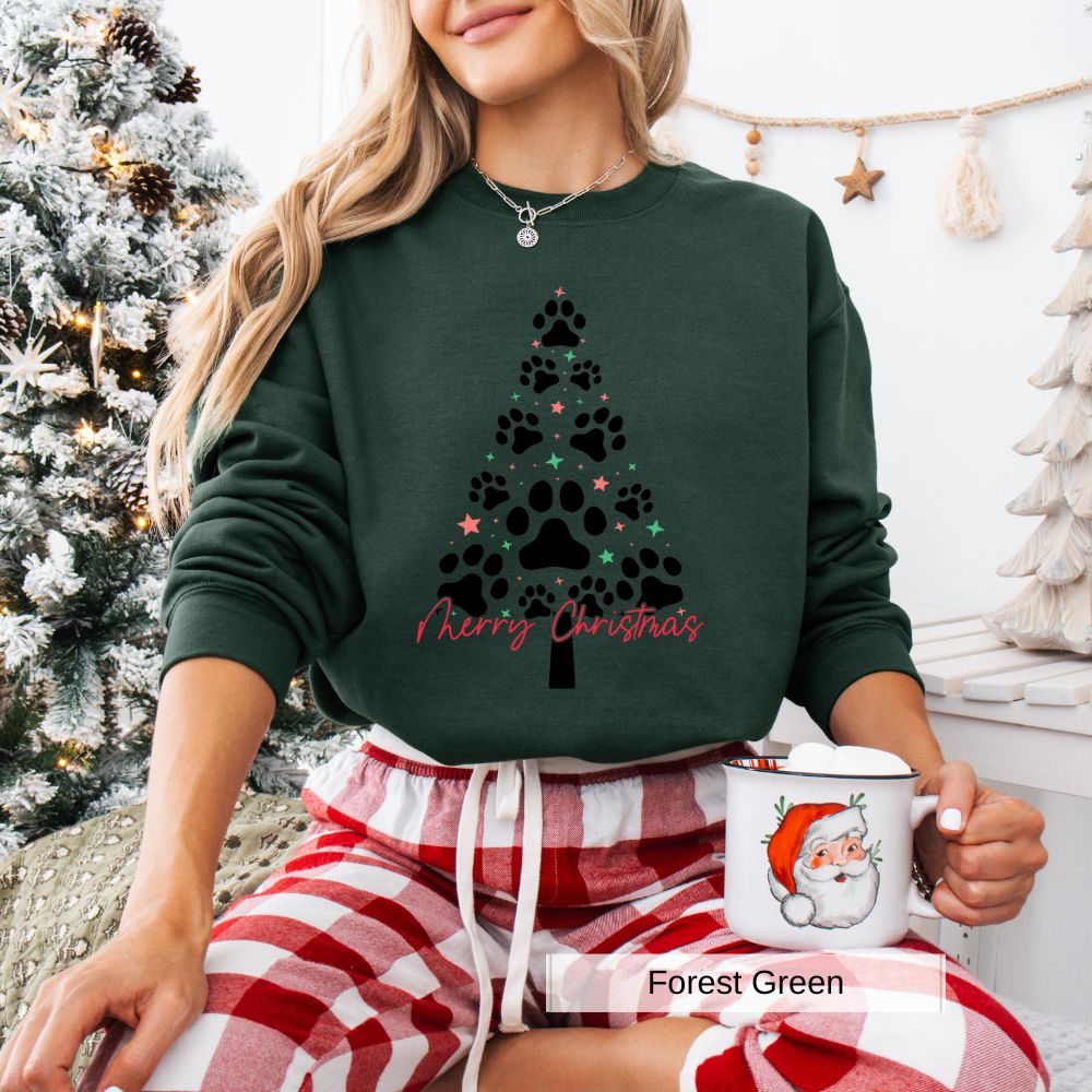 Dog Paw Christmas Tree Womens Holiday Sweatshirt Cozy Pet Lover Gift