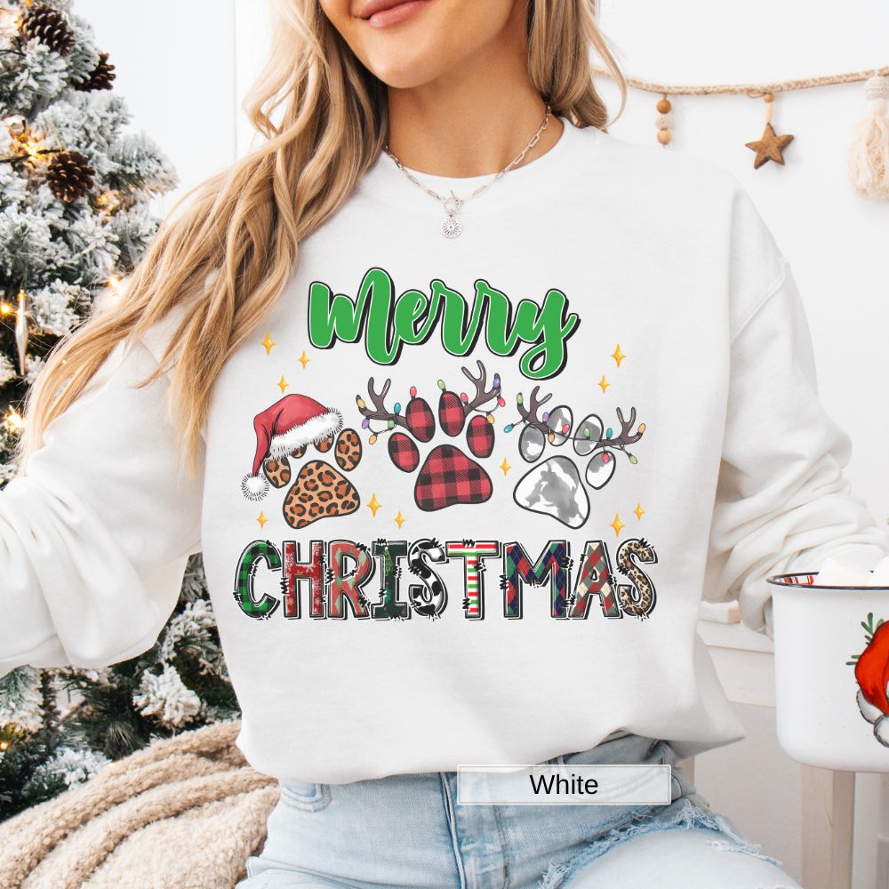 Merry Christmas Paw Prints Sweatshirt, Holiday Dog Lover Crewneck, Unisex Pullover Jumper, Pet Owner Winter Apparel, Animal Lover Gift