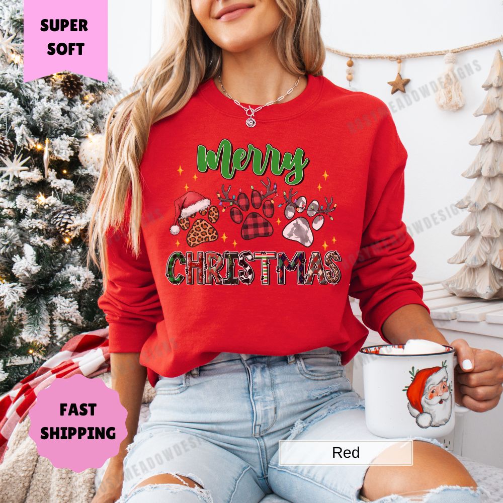 Merry Christmas Paw Prints Sweatshirt, Holiday Dog Lover Crewneck, Unisex Pullover Jumper, Pet Owner Winter Apparel, Animal Lover Gift