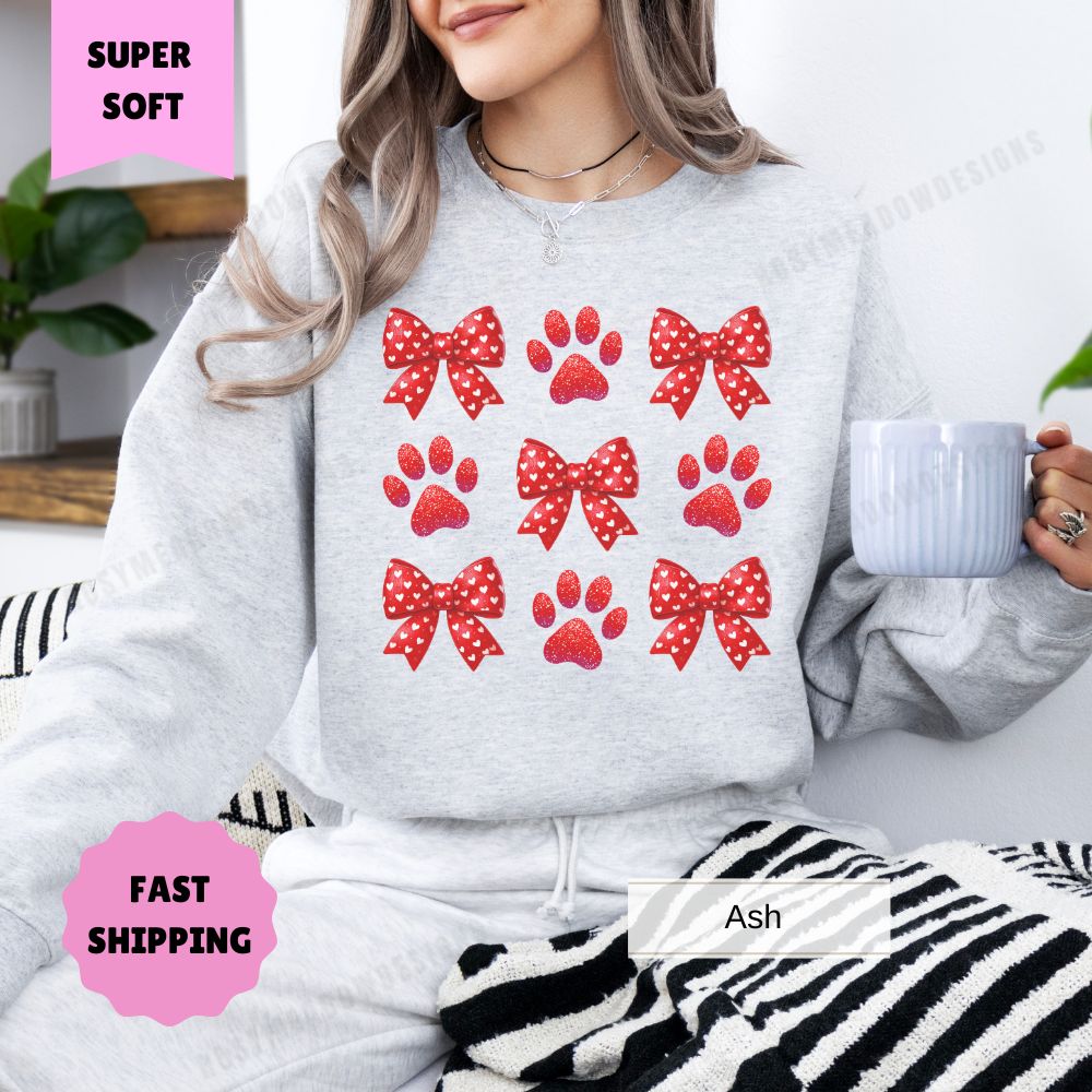 Paw Print Valentine's Day Sweatshirt – Bows and Hearts Crewneck, Gift for Dog Lovers