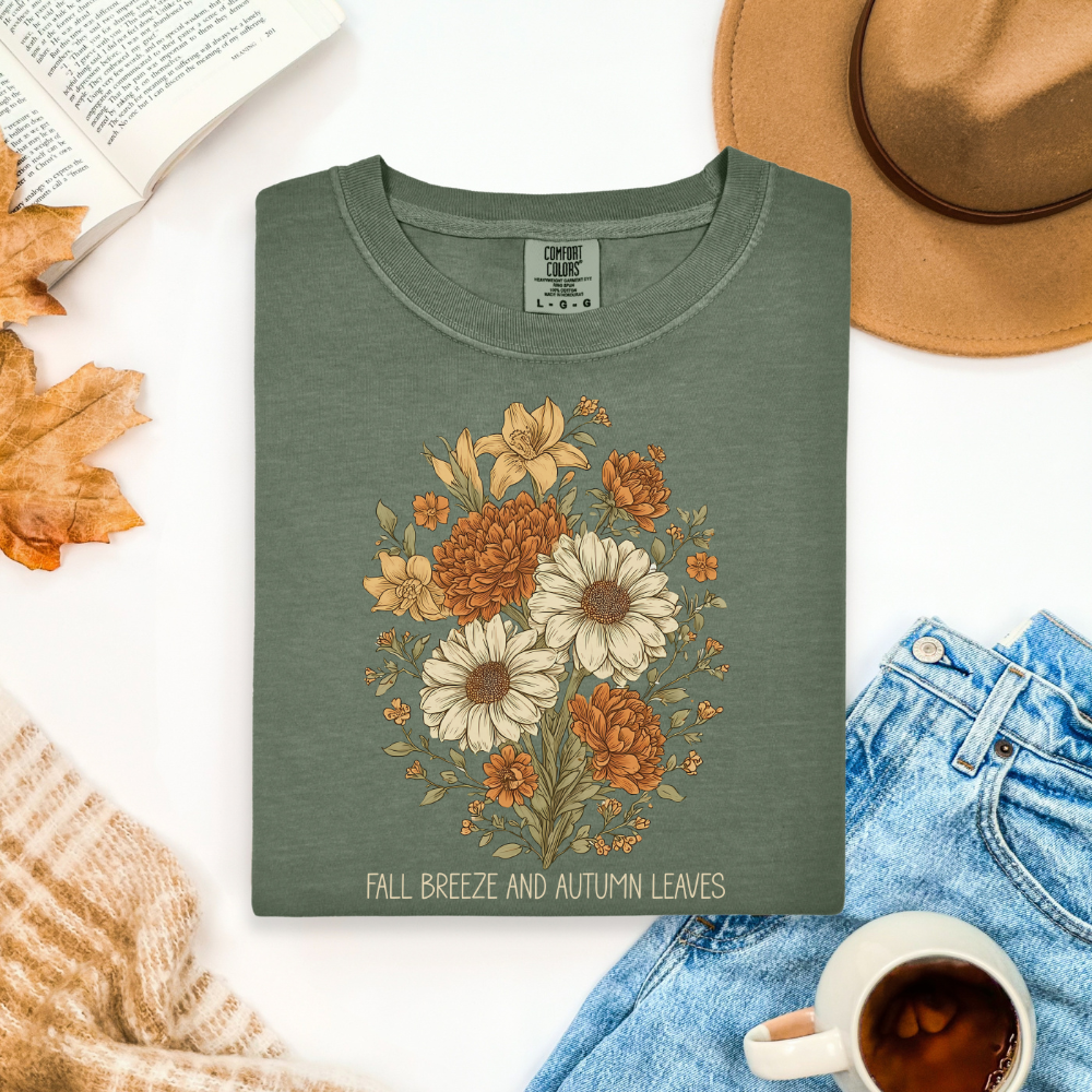 Fall Breeze and Autumn Leaves Comfort Colors T-Shirt | Autumn Floral Graphic Tee