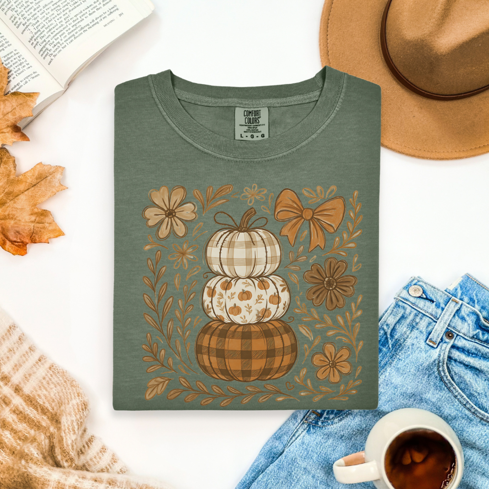 Stacked Pumpkin Comfort Colors T-Shirt | Fall Plaid Autumn Graphic Tee