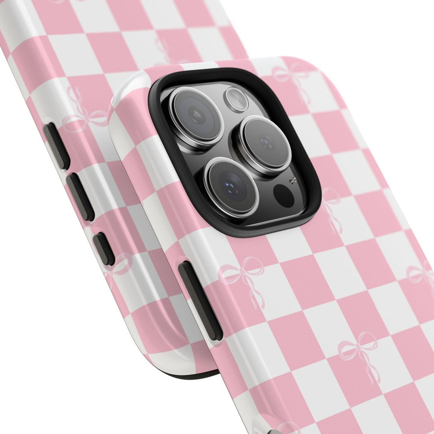Chic Pink Checkerboard Phone Case with Bows