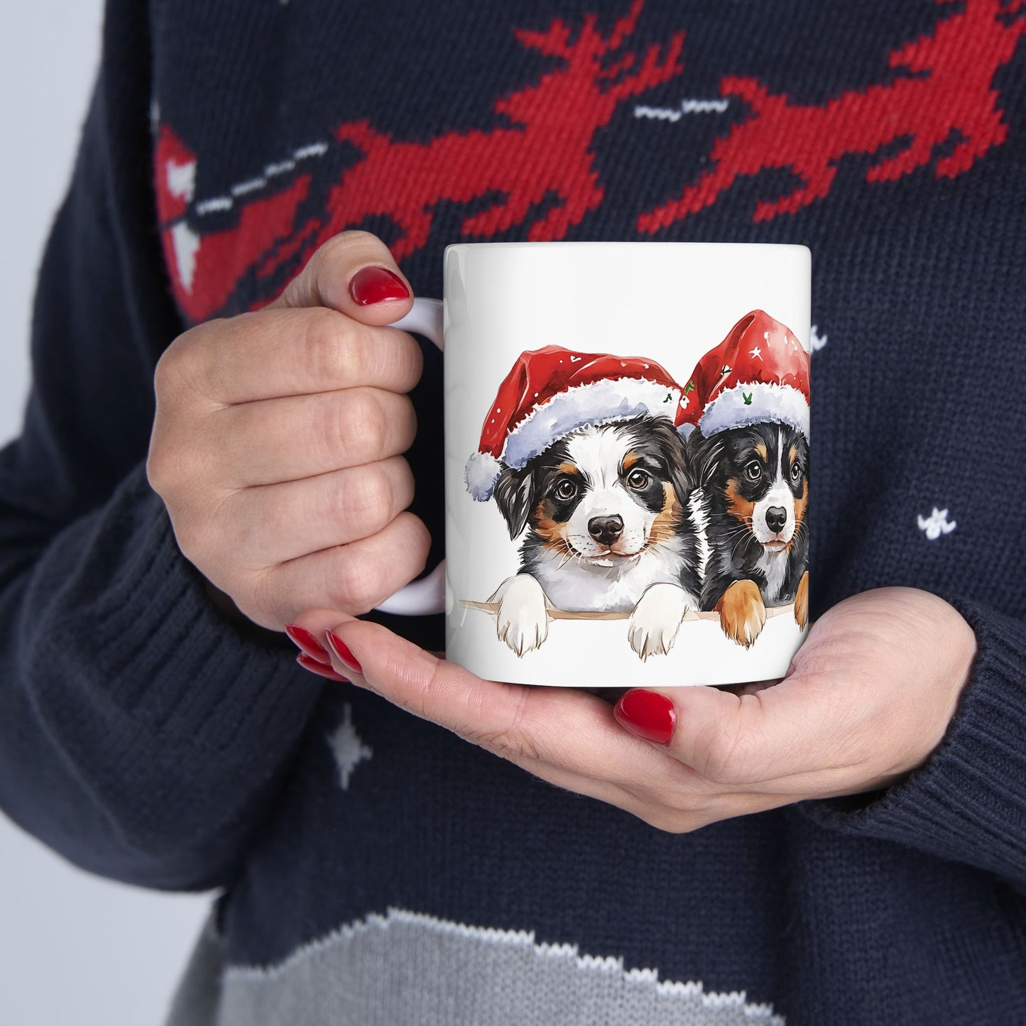 Christmas Australian Shepherd Mug – Festive Holiday Dog Design with Santa Hat, Perfect for Coffee, Tea, or Hot Cocoa