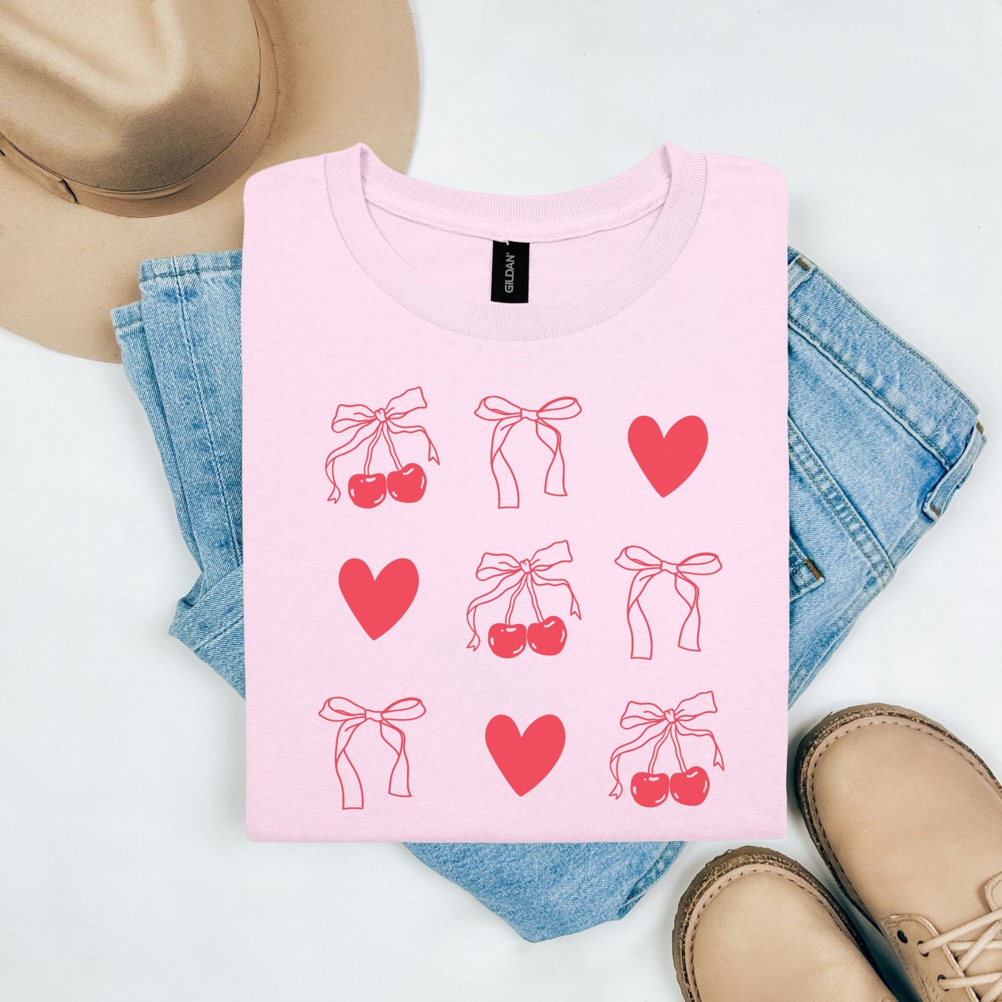 Hearts and Bows T-Shirt, Cherries Graphic Gildan Tee
