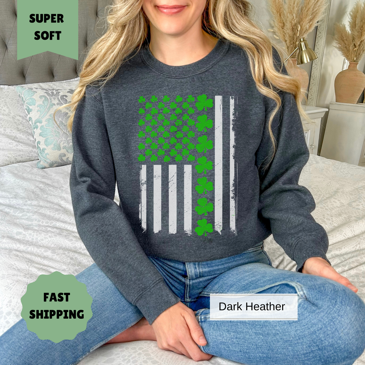 St. Patrick's Day American Flag Sweatshirt - Patriotic Clover Design Pullover