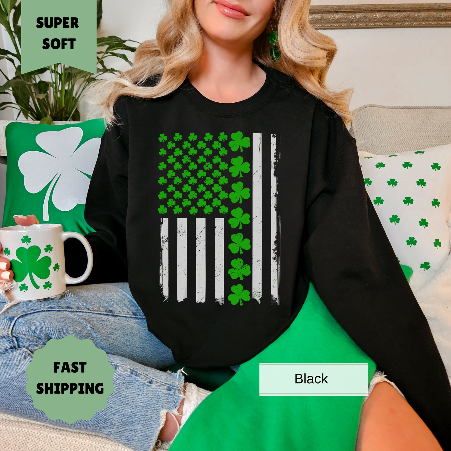 St. Patrick's Day American Flag Sweatshirt - Patriotic Clover Design Pullover