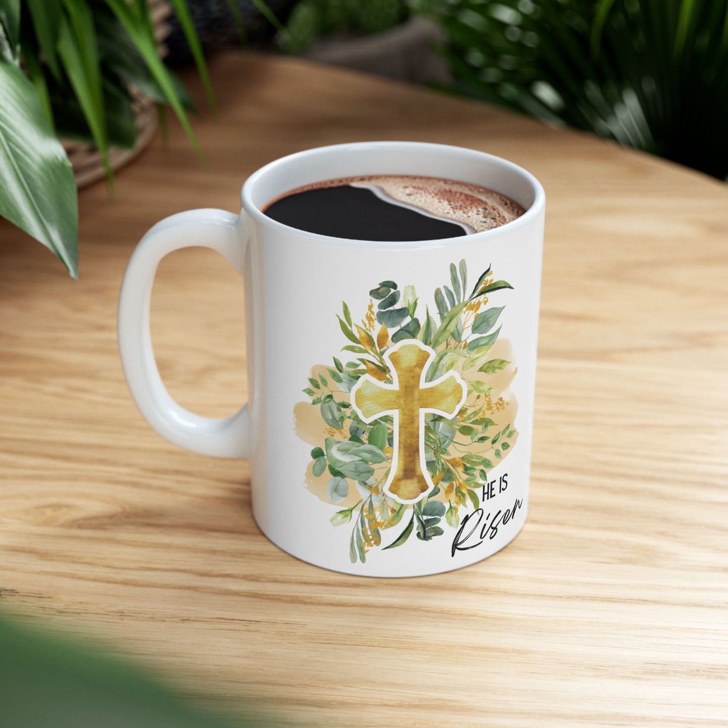 He Is Risen Floral Ceramic Mug - Inspirational Coffee Cup for Easter Celebrations