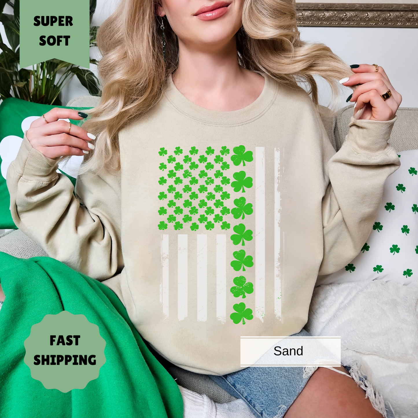 St. Patrick's Day American Flag Sweatshirt - Patriotic Clover Design Pullover