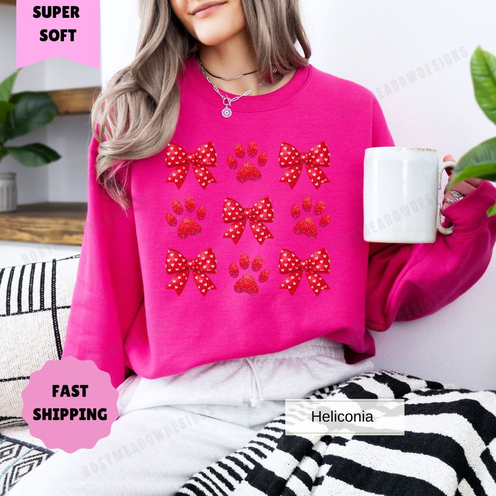 Paw Print Valentine's Day Sweatshirt – Bows and Hearts Crewneck, Gift for Dog Lovers