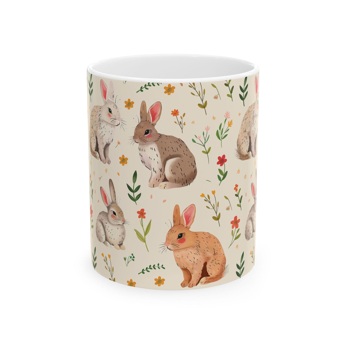 Rustic Rabbit Ceramic Mug - Floral Bunny Design
