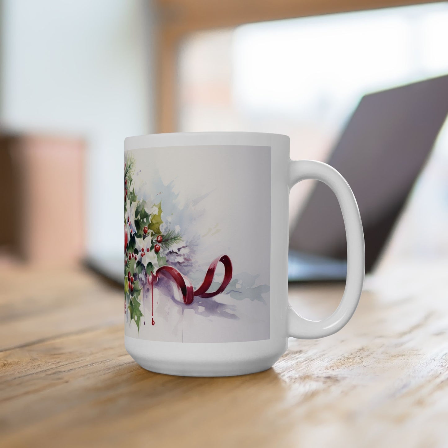 Christmas Watercolor Holly Bell Coffee Mug Festive Holiday Design